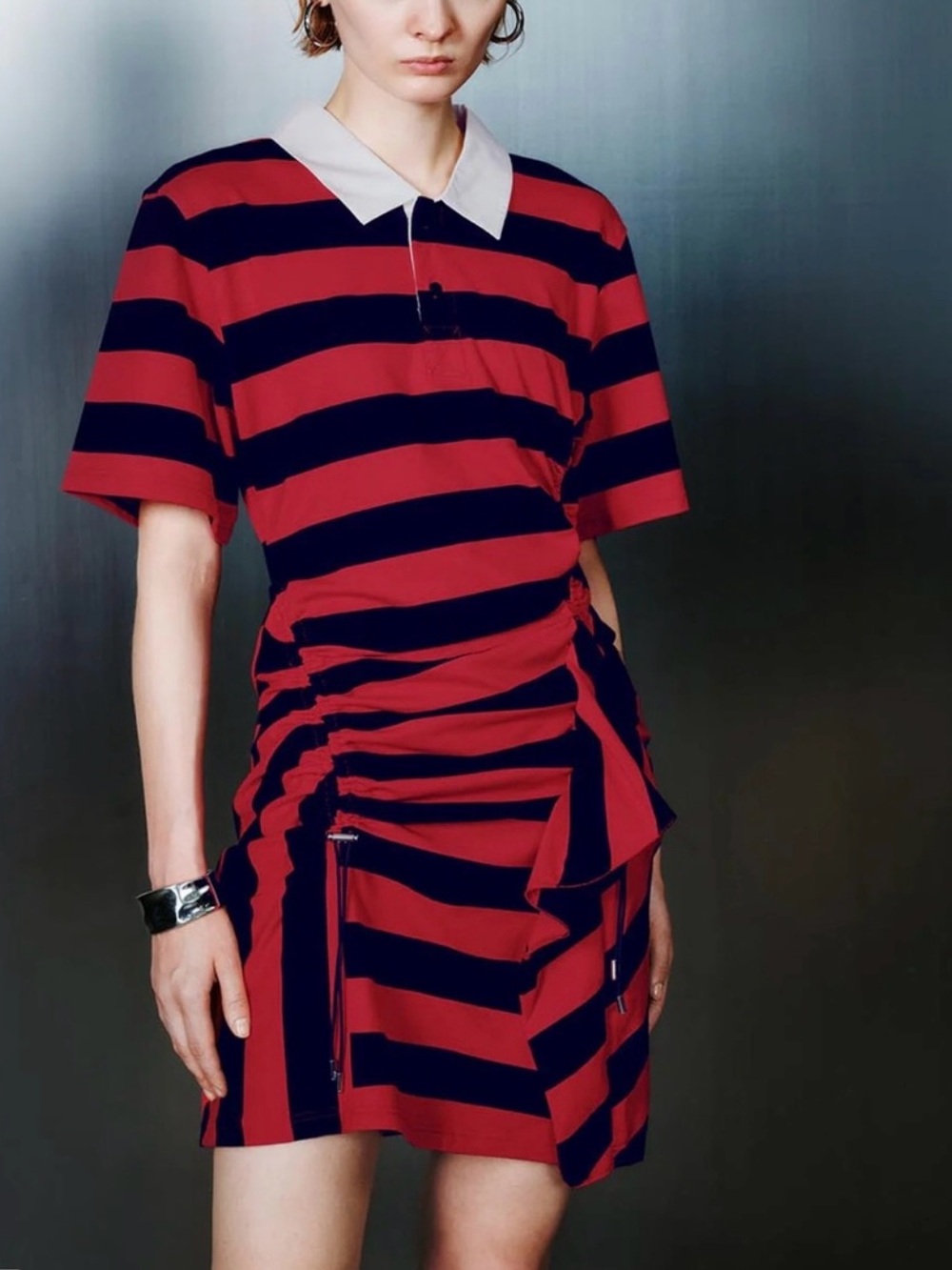Urban Revivo Red & Navy Striped Ruched Polo Mini Dress NWT Size L